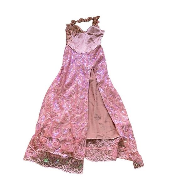 Vtg Y2K Fairycore Handmade Sequin Floral Strap Satin Side Slit Gown Dress Prom - Picture 1 of 8